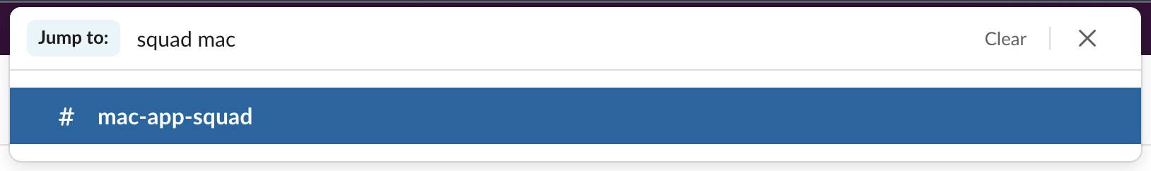 A screenshot of the channel switcher in Slack, with "squad mac" typed into the search box